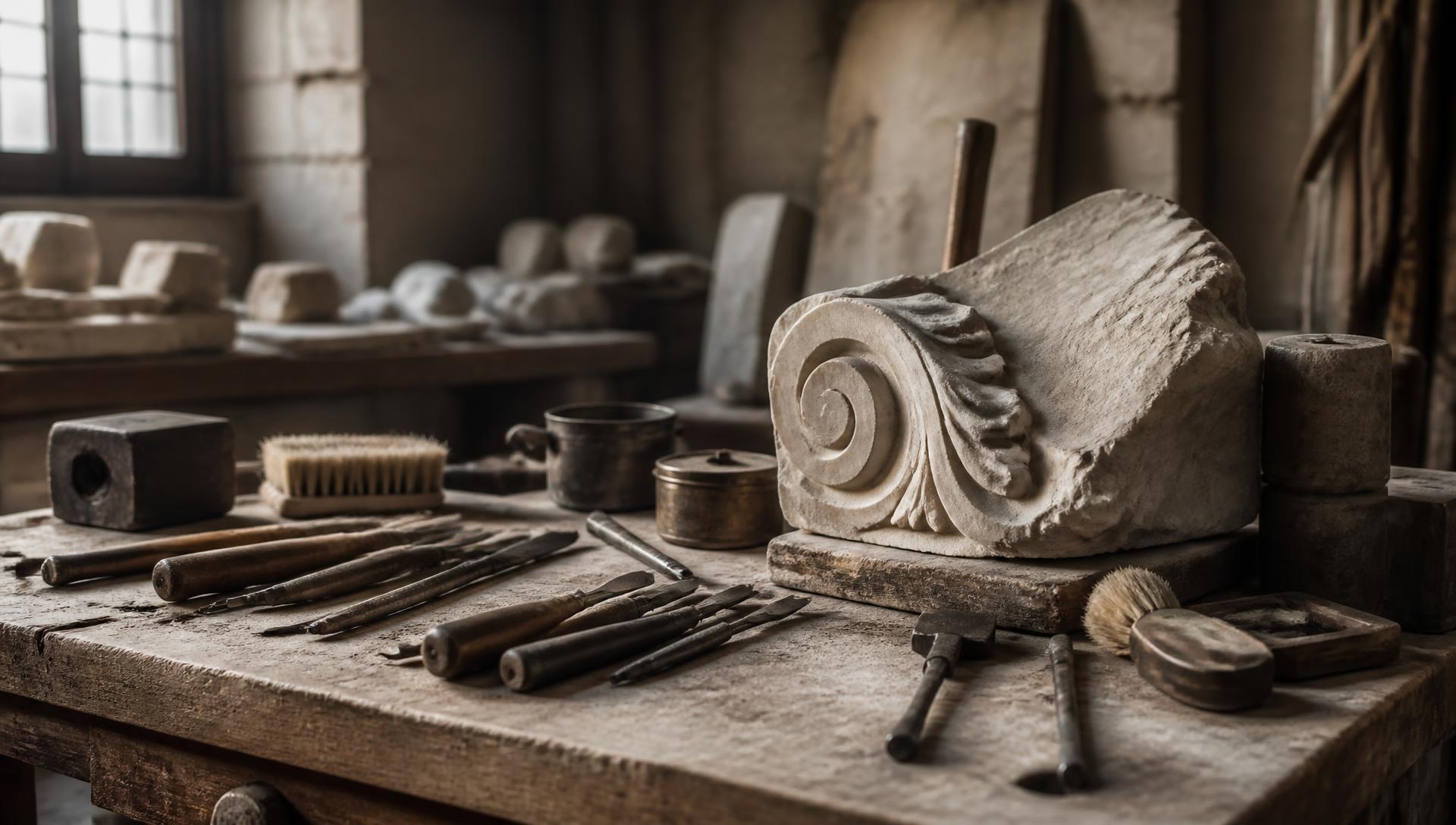Atelier de restauration de pierre avec outils d'artisan