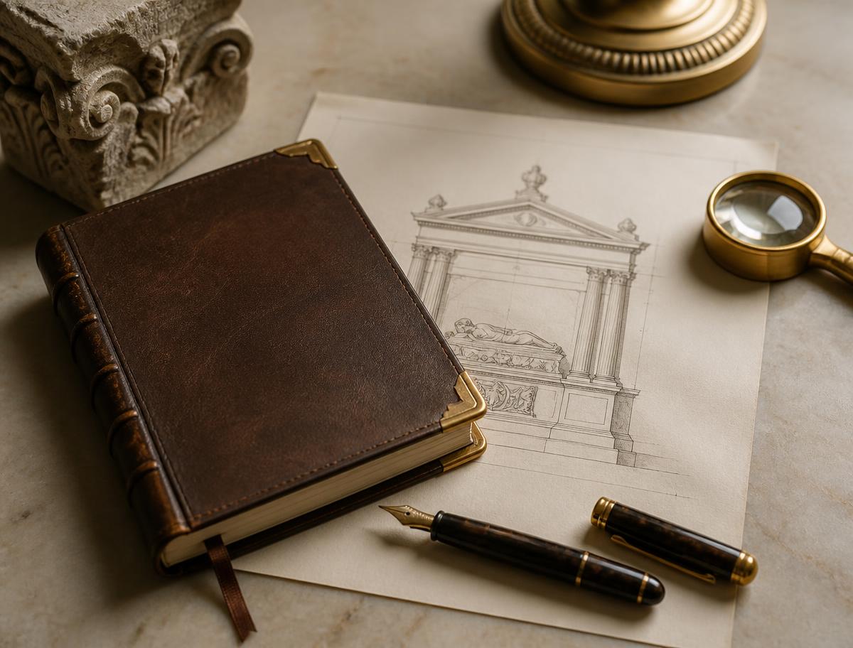 Carnet de relevés et plans d'architecte sur un bureau d'atelier